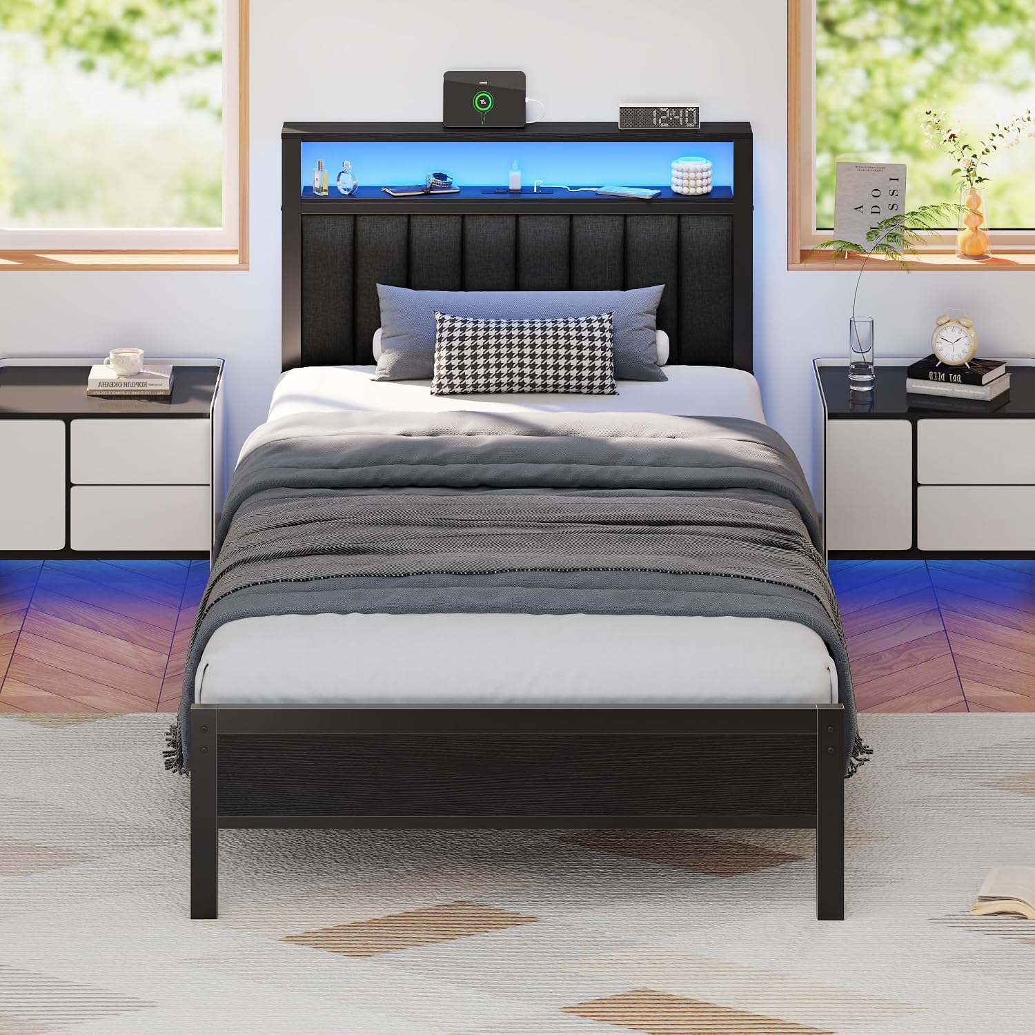 Detalle de Furnulem HK-BF-009-CL-T-1-BO-CA Twin Bed Frame with RGB LEDs and Storage