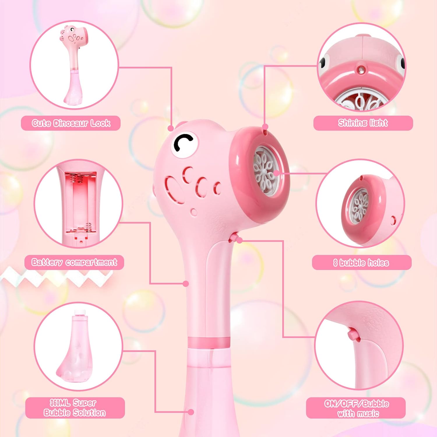 Thumbnail 3 de P PANACARE Panacare elektrische Seifenblasenmaschine mit Dinosaurier Bubble Stick – 8 Düsen, 4000+ Seifenblasen/Min & 360 ml Lösung