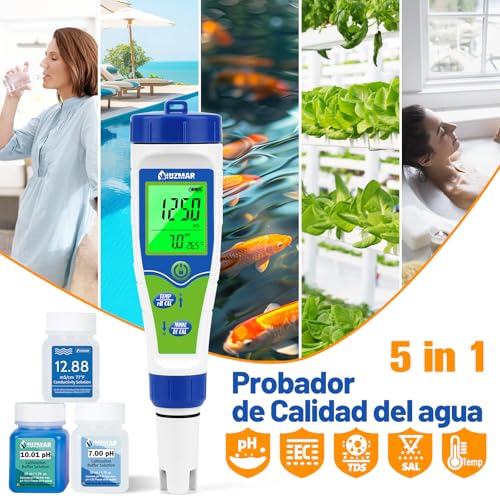 Detalle de UIUZMAR Medidor 5 en 1 de pH, Salinidad, TDS, CE y Temperatura para Piscinas, Acuarios y Spas