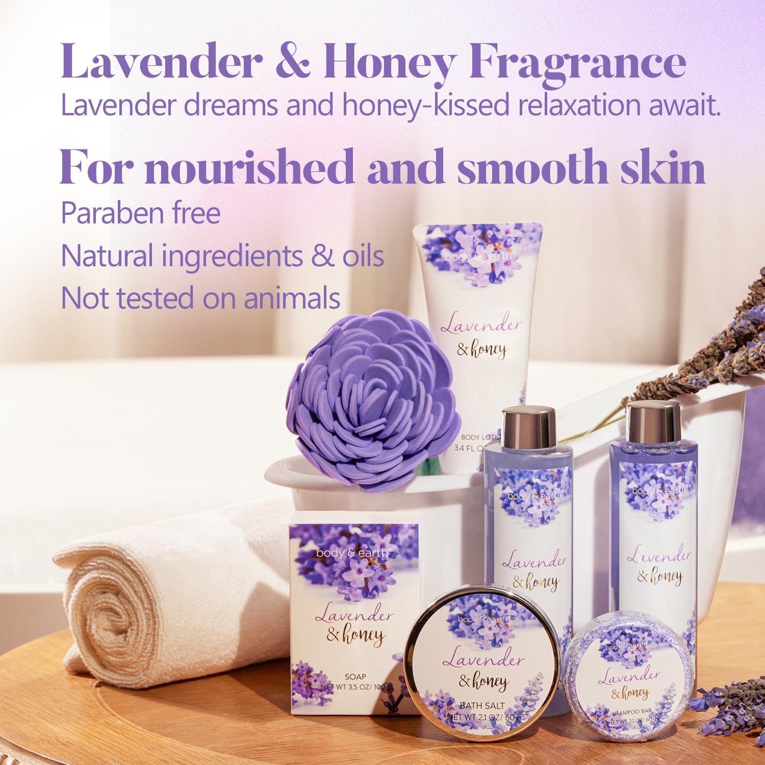 Detalle de BODY & EARTH 2019-AMABE-3-1 Bath and Body Gift Set, 8-Piece Lavender & Honey Spa Kit