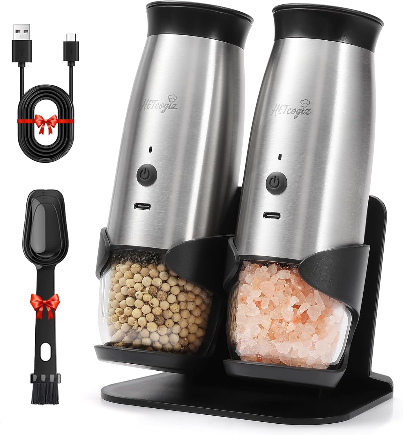Detalle de Electric Salt and Pepper Grinder Set (2 Pack) with Safe Storage Base, LED & Adjustable Coarseness