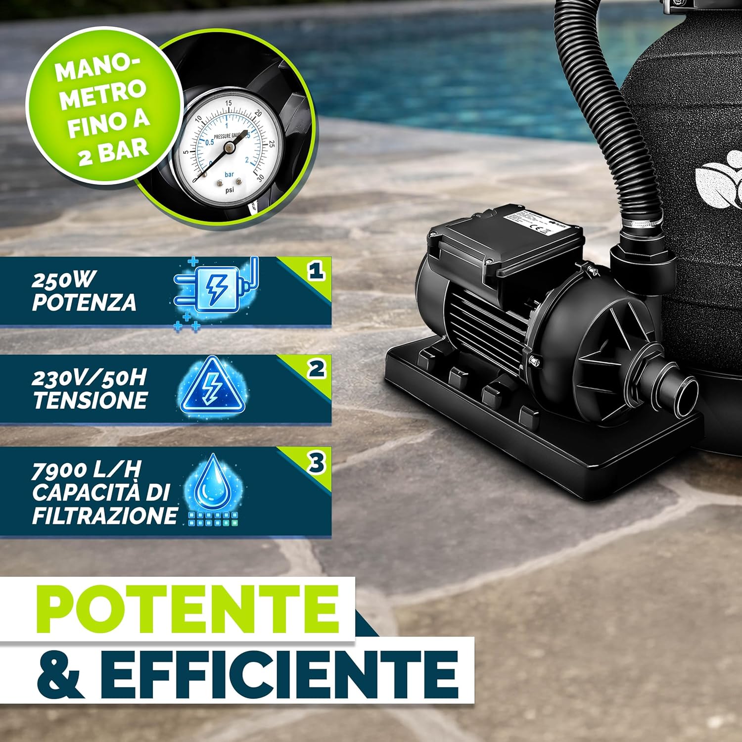 Detalle 2 de Tillvex Pompa Filtro Piscina 7.900 L/h + 400 g Filtri Balls – 7 funzioni di filtrazione, adattatore 2in1 Ø32-38 mm