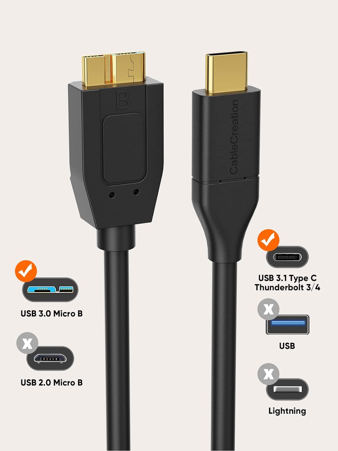 Detalle de CableCreation USB C to Micro B Short Cable 1FT: 10Gbps USB 3.1 for External Drives and More