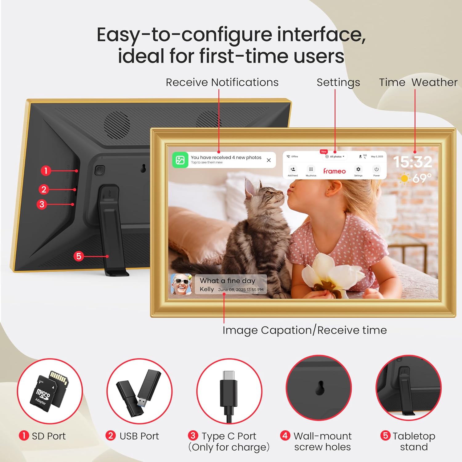 Thumbnail 6 de 64GB Frameo WiFi 15.6" Digital Photo Frame by BIGASUO (Golden) with 1920x1080 IPS Touch Display