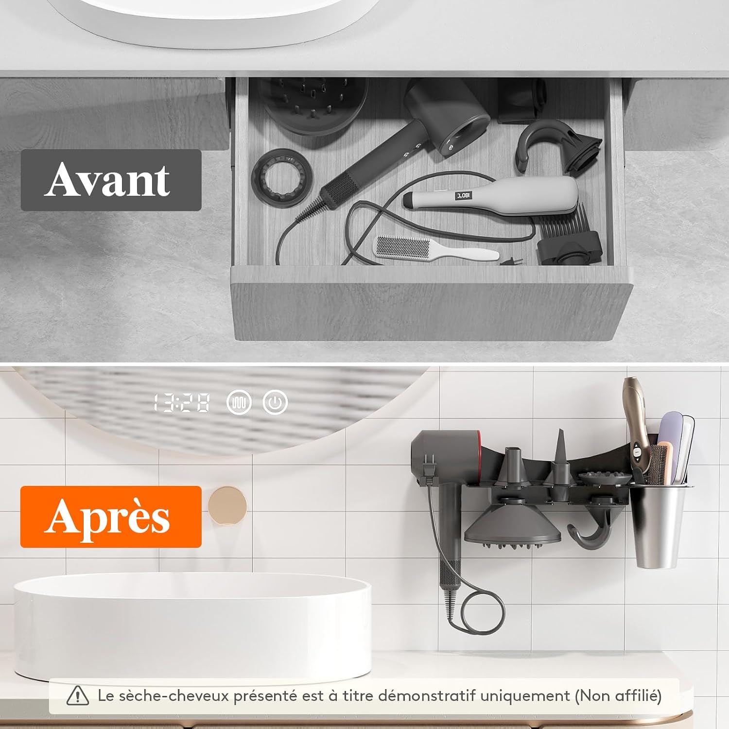 Detalle de Lifewit 24568 wandhouder voor Dyson-haardroger, zwart met hittebestendige beker