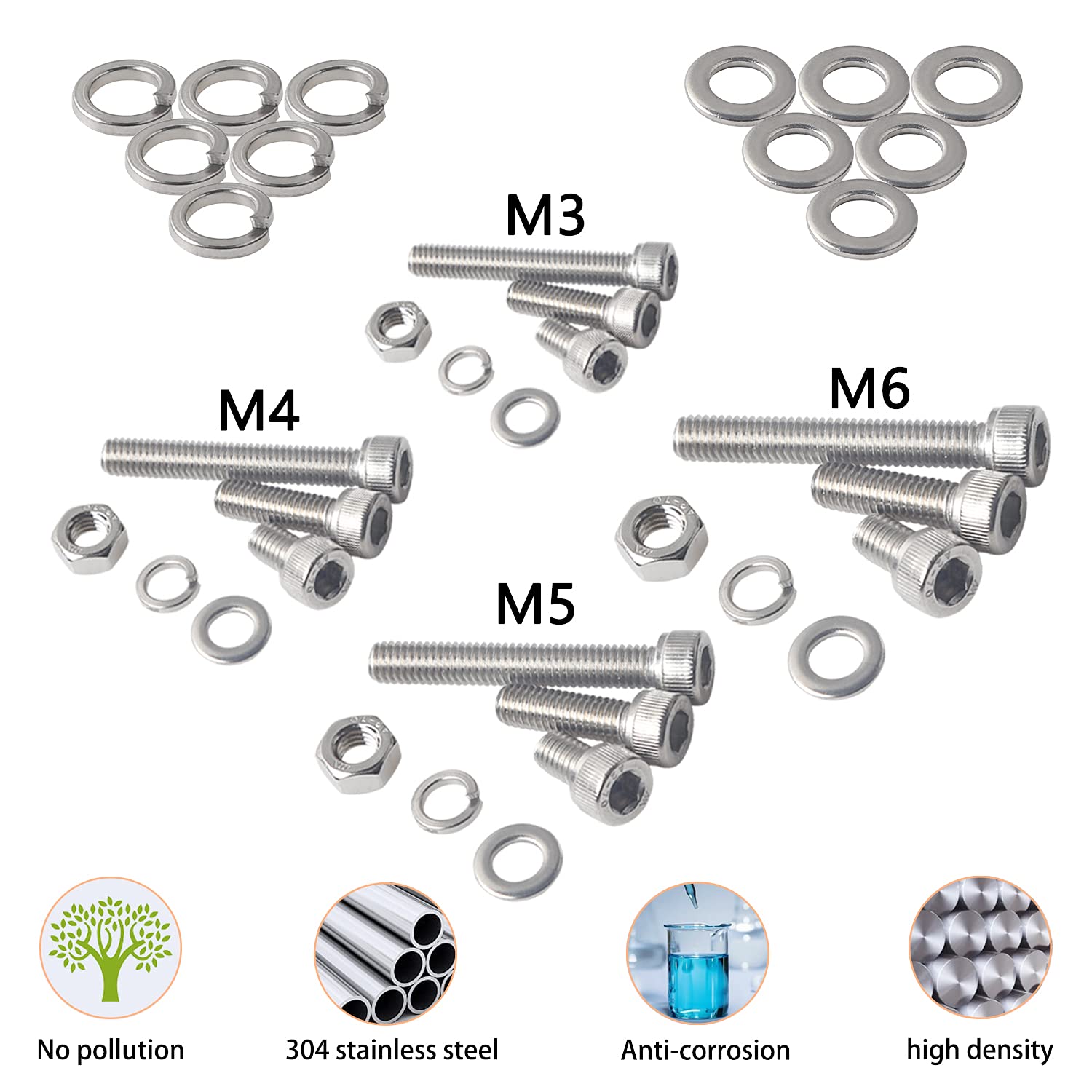 Detalle de huruirui 520-Piece M3–M6 Stainless Steel 304 Hex-Head Fastener Set