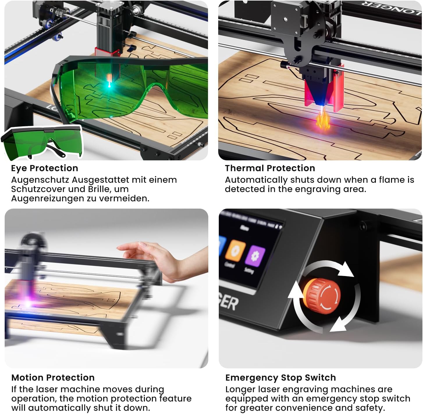 Detalle de LONGER RAY5 10 W: machine de découpe laser 4-en-1, précision et sécurité pour travaux bois/verre/acrylique/métal