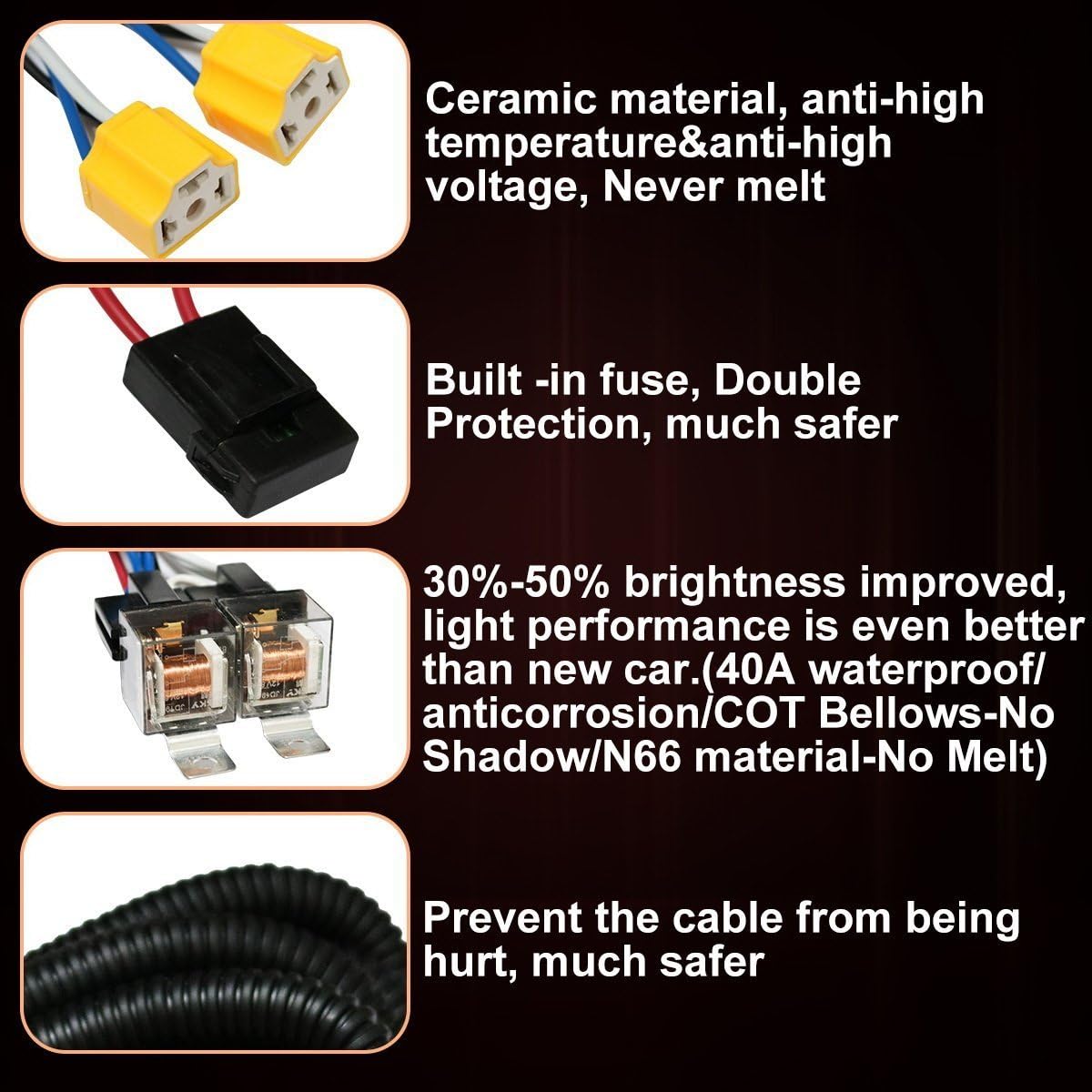 Detalle 1 de KASLIGHT H6054 H4 Headlight Relay Harness with Fused Wiring for LED Conversions