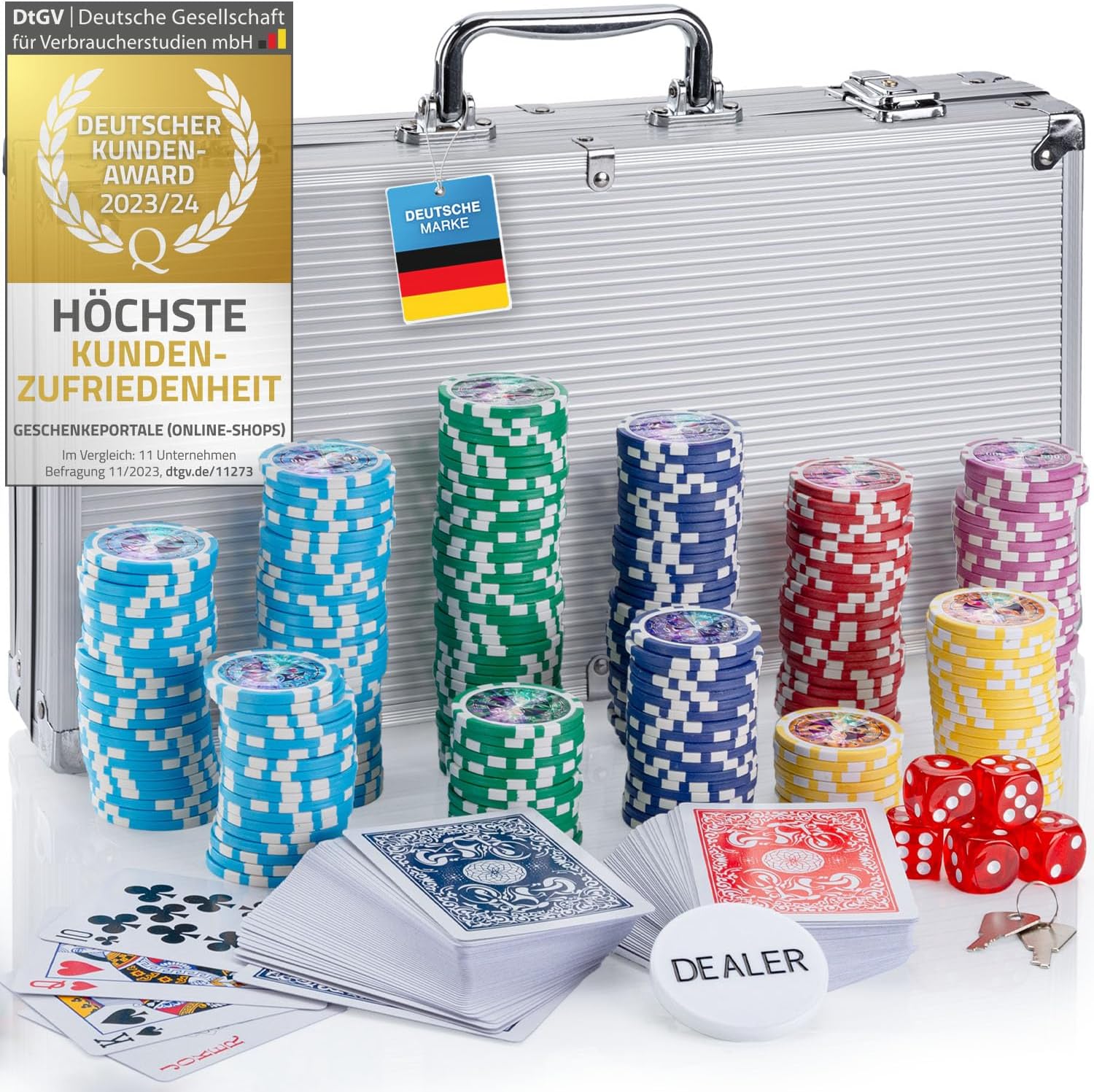 Profi Pokerkoffer Pokerset inkl. 300–500 schwere 12 g Metallkern-Chips, inkl. Deck, Karten, Würfel, Dealer-Button – abschließbarer Alu-Koffer