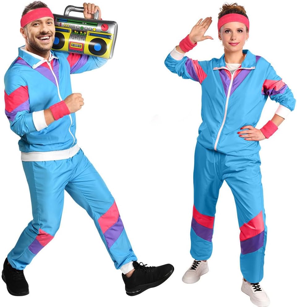 Detalle de Aomig 80er/90er Trainingsanzug-Kostüm für Erwachsene (Ganzkörper) – Retro Disco-Set Unisex, Blau (Größe XL)