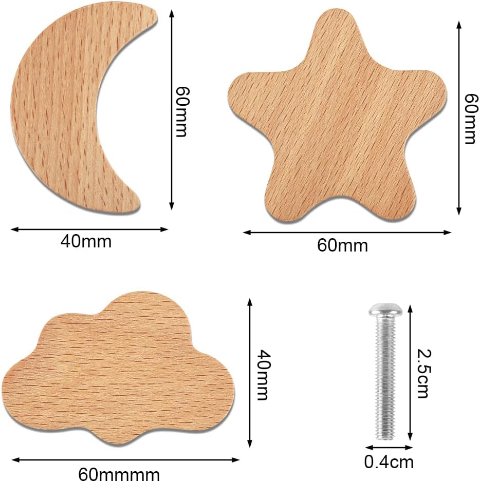 Detalle 2 de Aolso houten meubelknoppen, set van 6 met sterren, maan en wolken