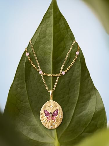 Detalle de SINGULARU Collar Medallion Butterfly Rose: latón bañado en oro 18Kt, cadena 45 cm