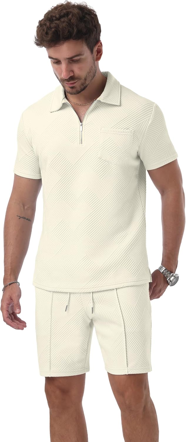 Detalle de QIXING men’s shorts and T-shirt polo set with half-zip (2-piece summer co-ord)
