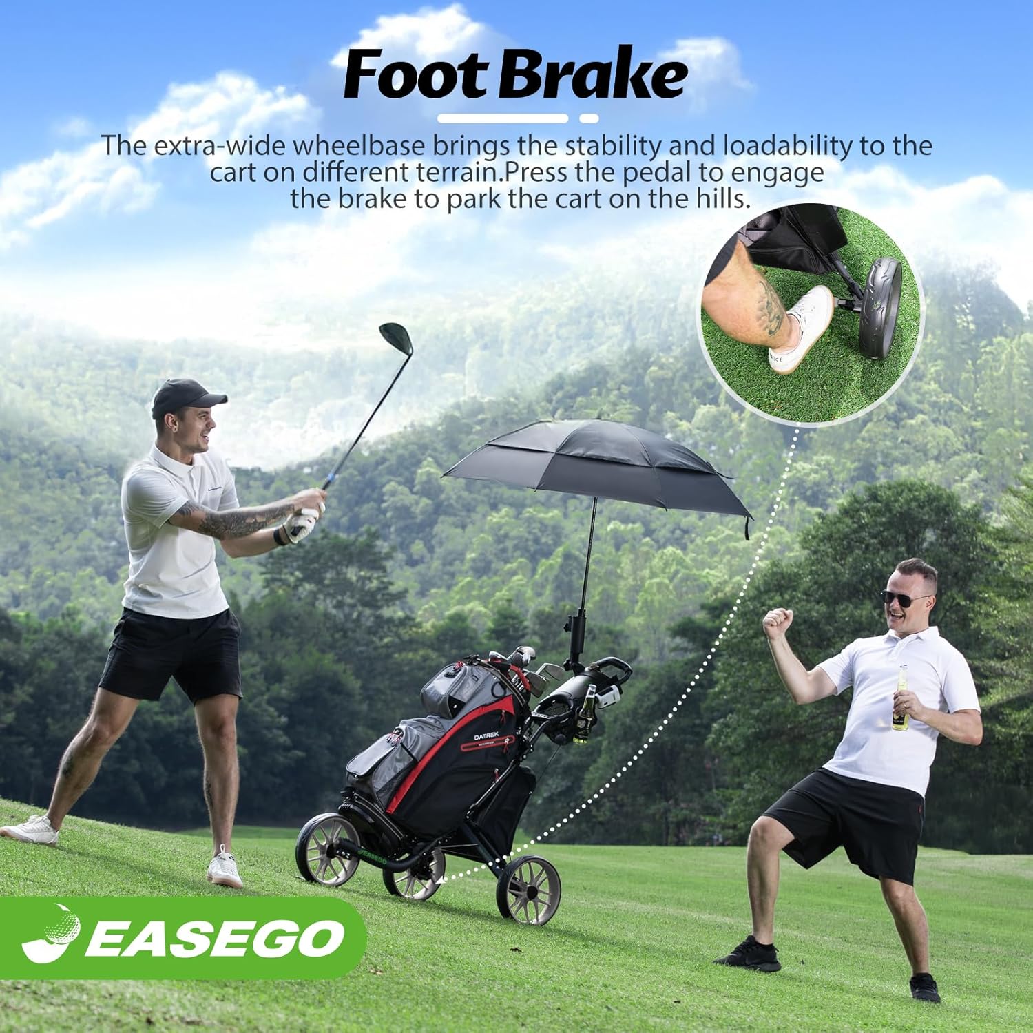 Detalle 1 de EASEGO 3-Wheel Golf Cart: Foldable All-Terrain Push Cart with Phone, Cup, and Umbrella Holders