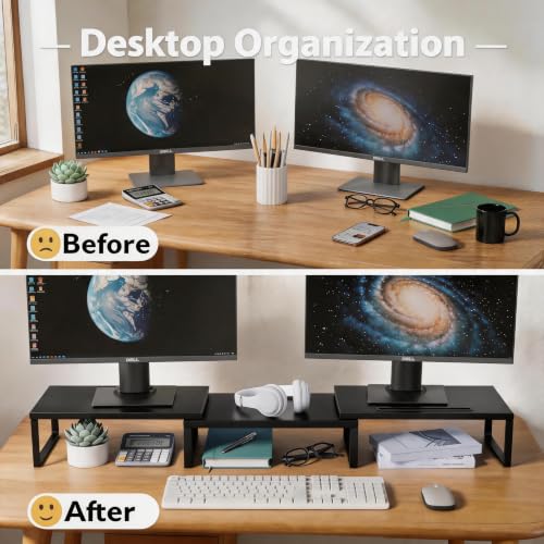 Detalle de DOMSHOCT Dual Monitor Stand Riser with Open Bottom Storage – 75kg Capacity, Adjustable Length and Angle, Black