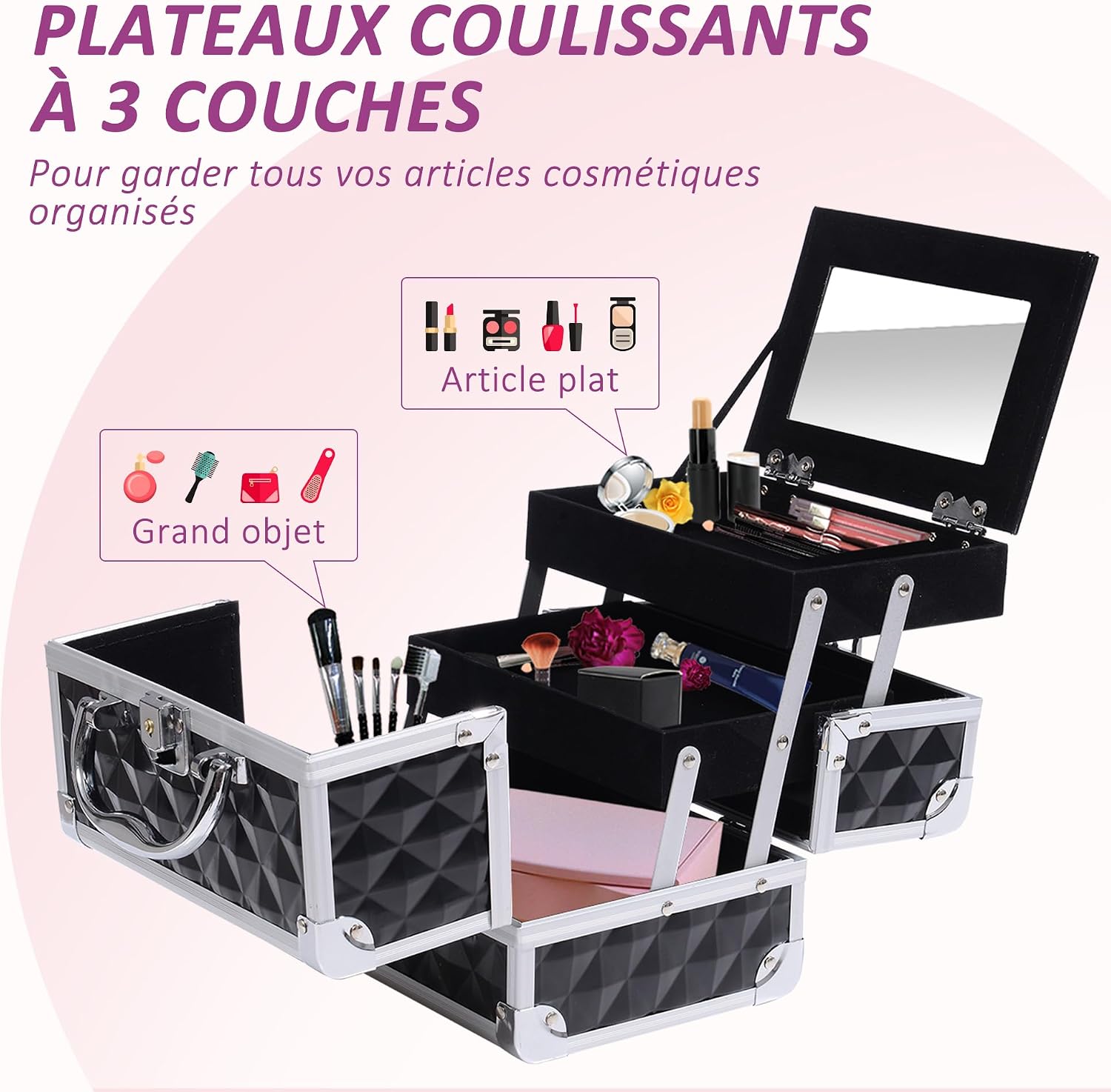 Thumbnail 4 de HOMCOM Mallette à Maquillage 3 Niveaux avec Miroir et Serrure – rangement robuste et pratique