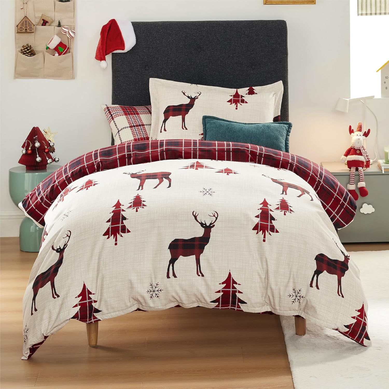 Detalle de Bedsure Twin Christmas Duvet Cover Set, Reindeer Print, Reversible Buffalo Check