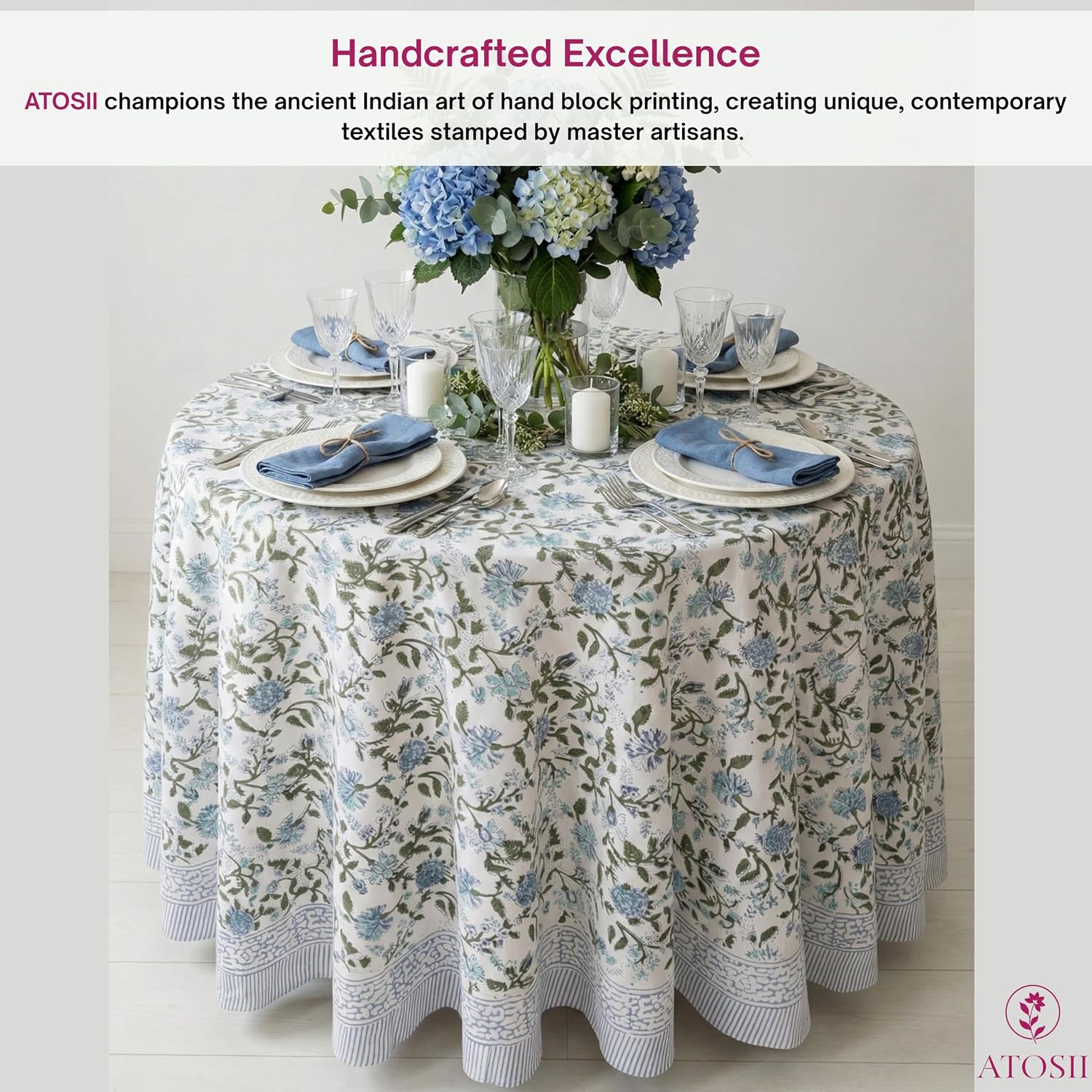 Detalle de ATOSII Mahoka Blue 90-Inch Round 100% Cotton Tablecloth
