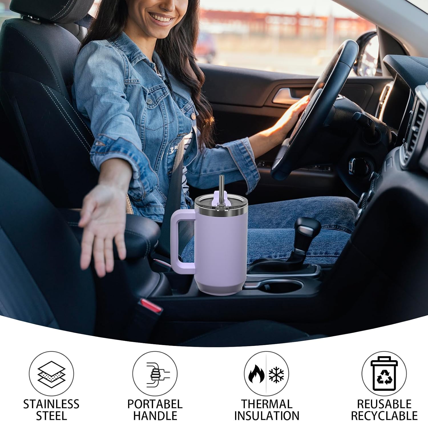 Detalle de WATERSY Travel Mug Coffee Cup 40oz Tumbler with Straw Lid and Handle – 1182ml Stainless Steel, Purple