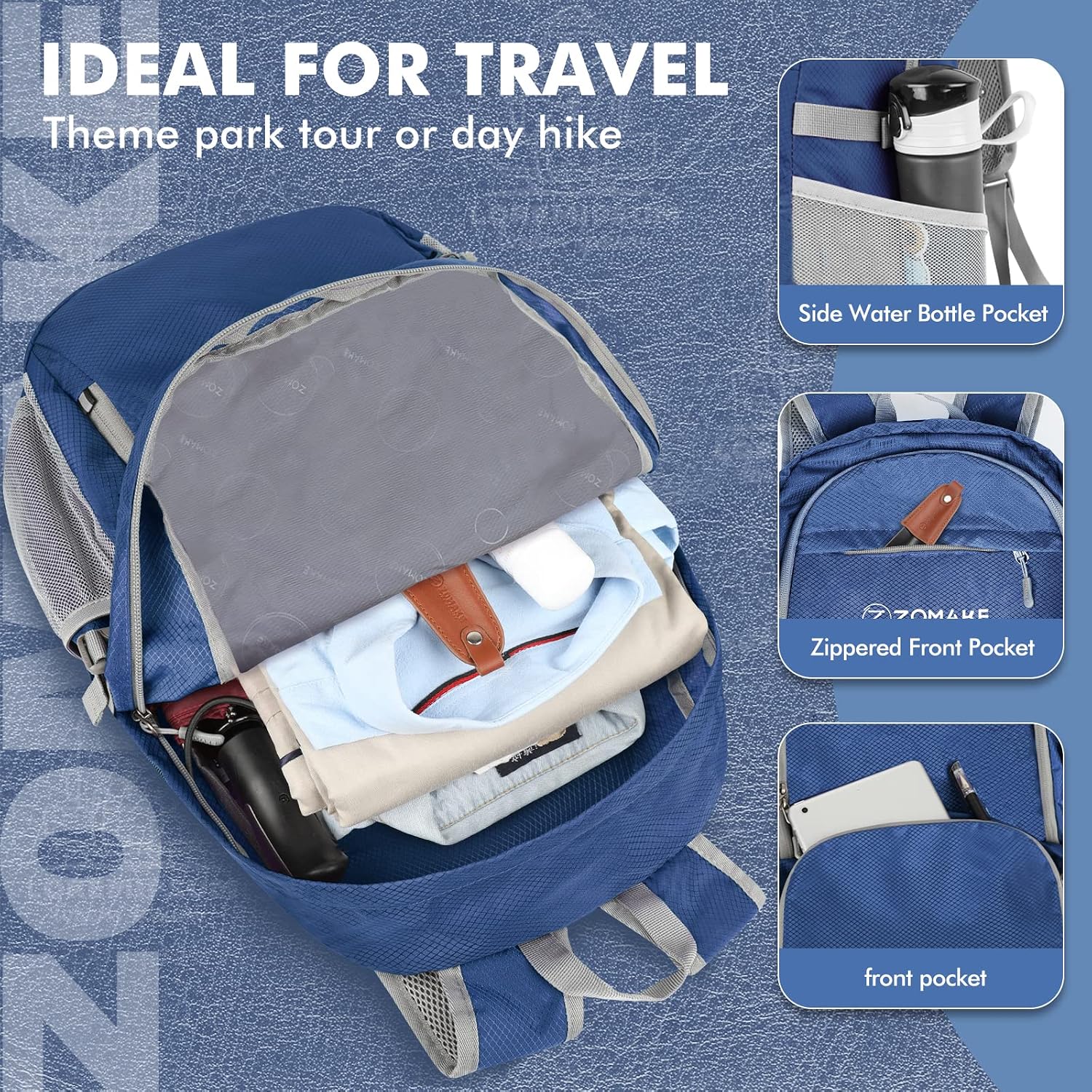 Detalle de ZOMAKE sac à dos pliable ultra léger 30L (49 × 34 × 18 cm) – petit daypack de randonnée