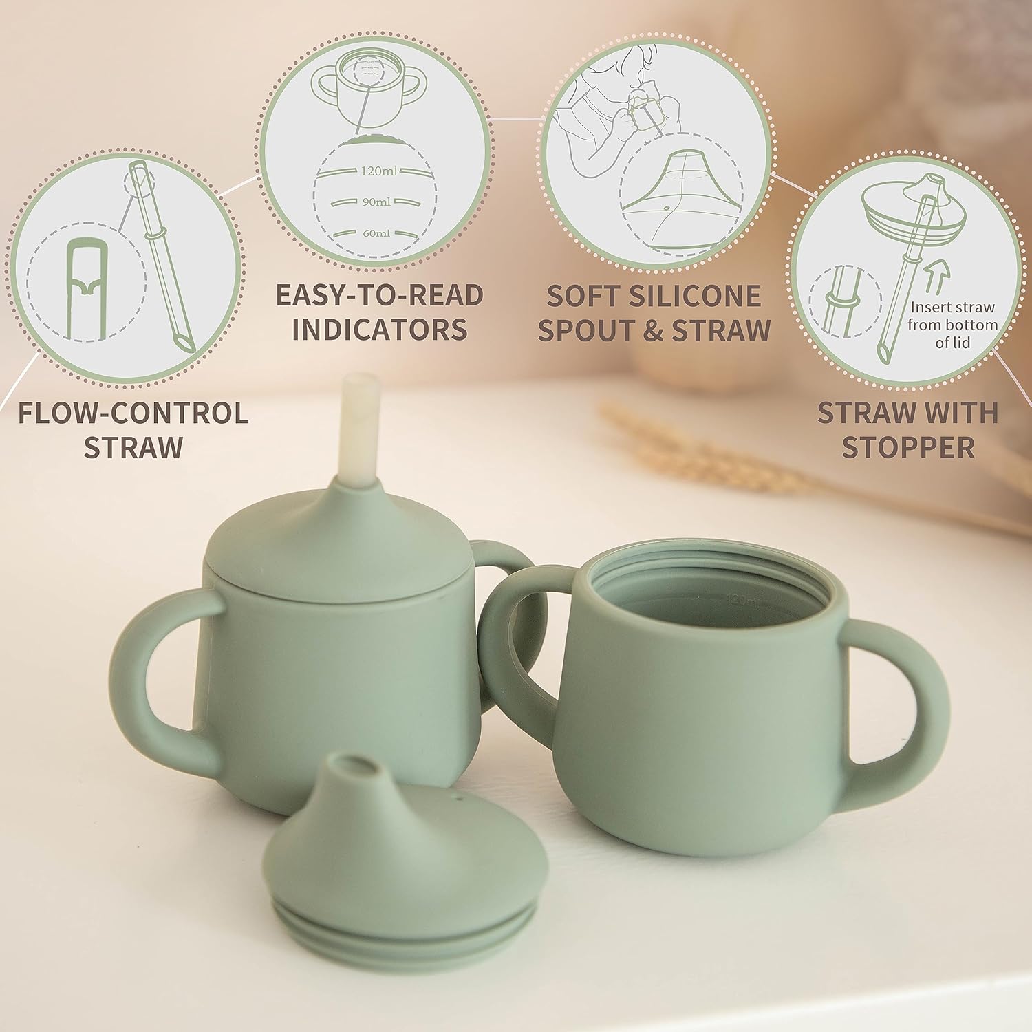 Detalle de Moonkie Silikon Baby-Trinklernbecher ab 6 Monaten (120 ml) mit 2 Strohhalmen – auslaufsichere Schnabeltasse in Sage