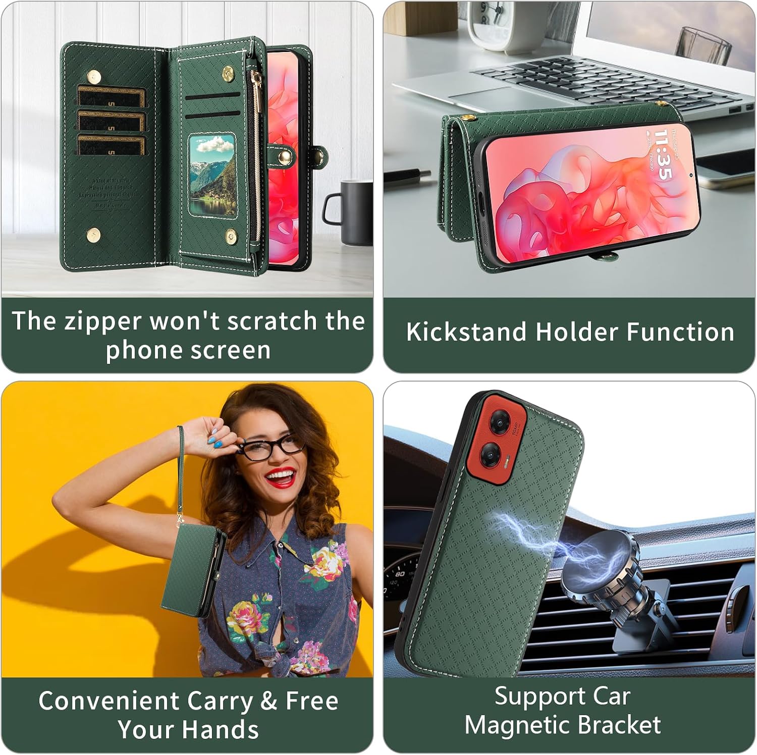 Detalle 1 de Asuwish Zipper Wallet Case for Motorola Moto G Stylus 5G (2024), Green