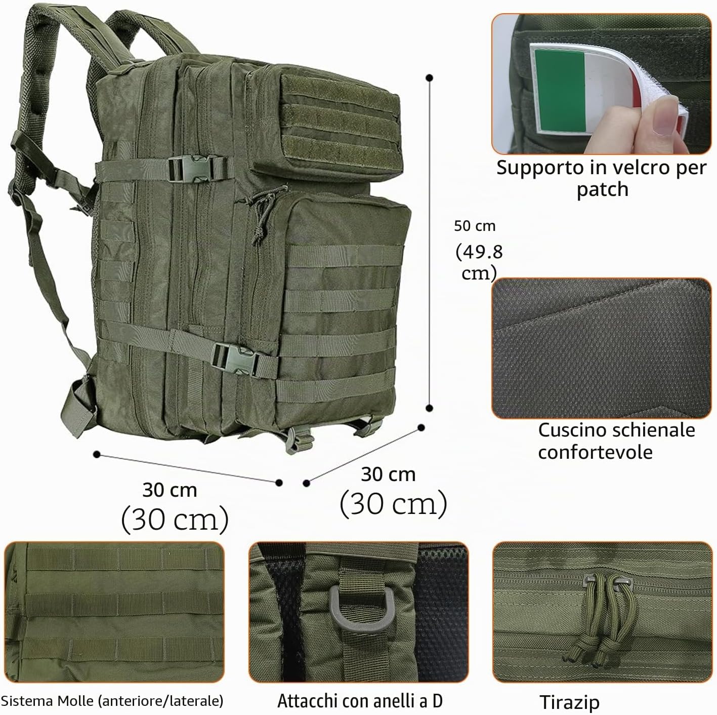 Detalle de Oreunik Zaino Militare 45L: zaino tattico impermeabile con sistema Molle per trekking e campeggio (Verde)