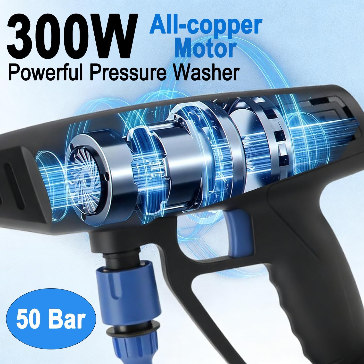 Detalle 2 de Cordless 21V Pressure Washer with 2 Batteries and Charger | 6-in-1 Nozzle, Foam Pot & 5m Hose
