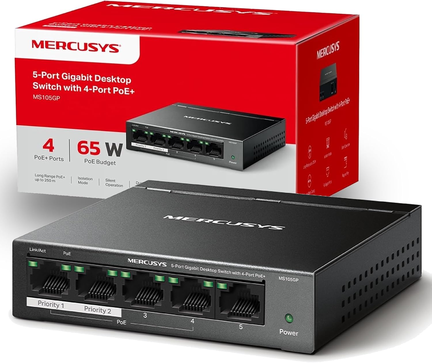 Detalle de MERCUSYS MS105GP 65W 5‑Port Gigabit Switch
