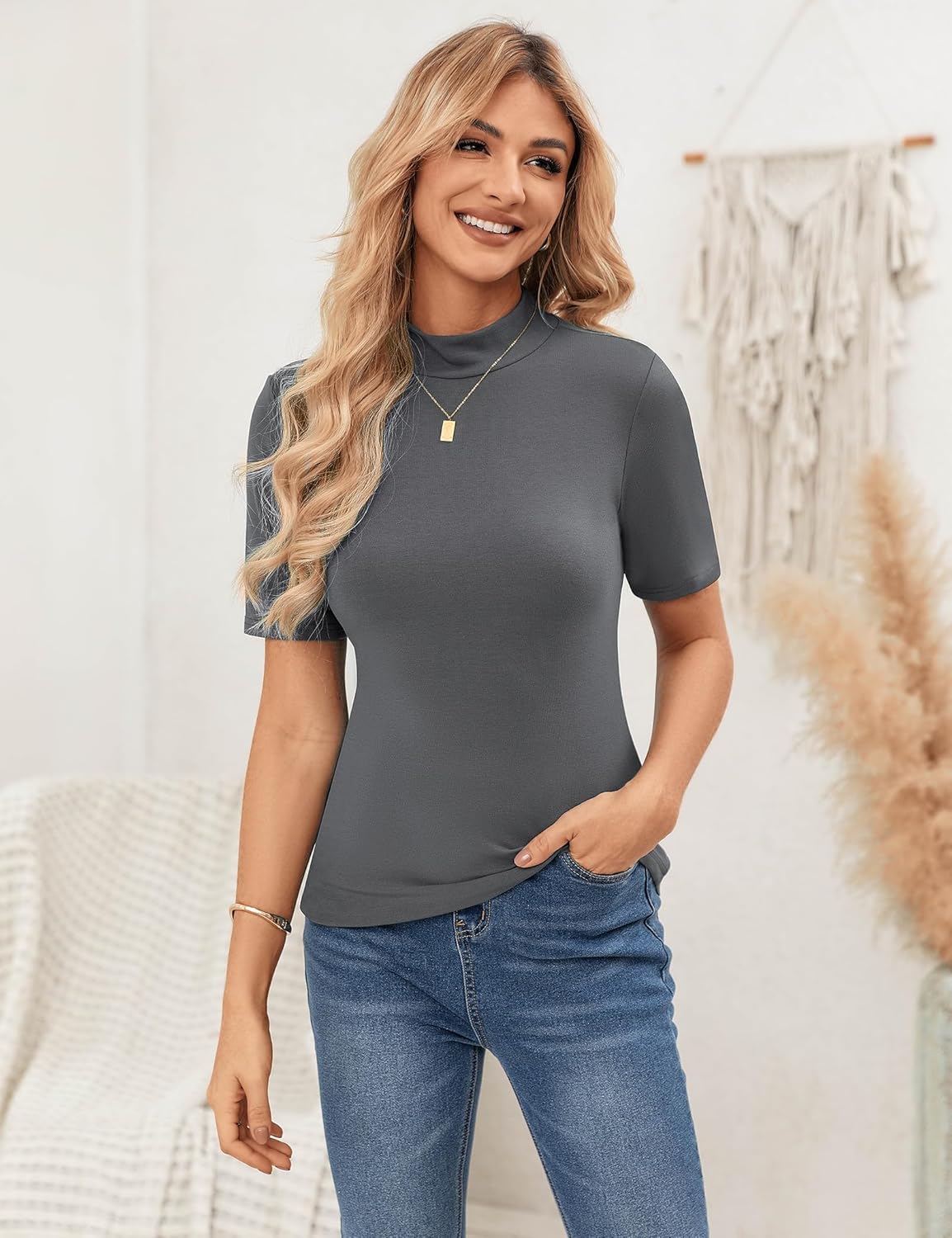 Thumbnail 2 de Totatuit Damen T-Shirt Stehkragen Kurzarm Top