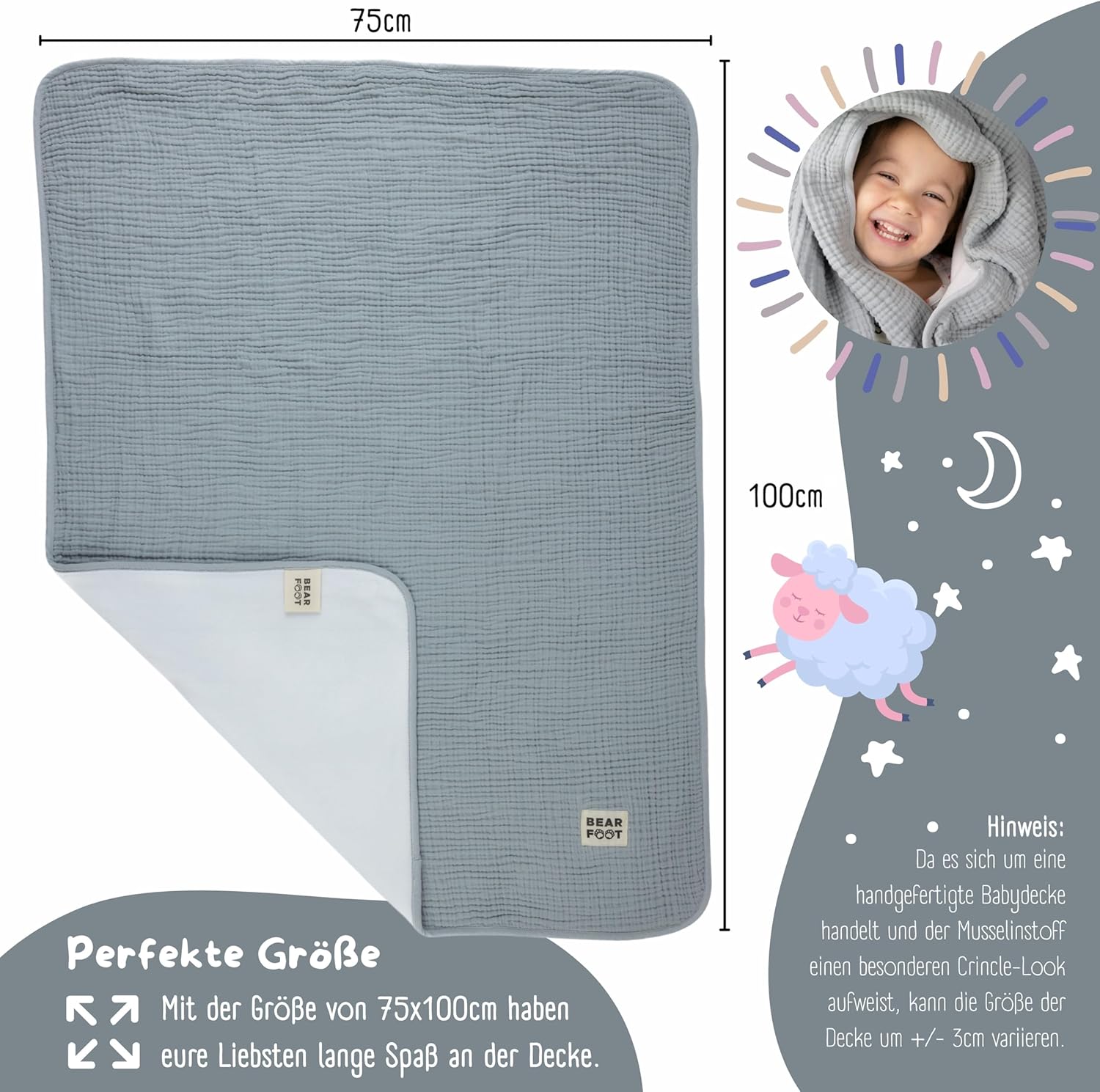 Thumbnail 2 de BEARFOOT Babydecke aus Musselin & Fleece – Cloud Grey, 2-seitig (Baumwolle/Fleece)
