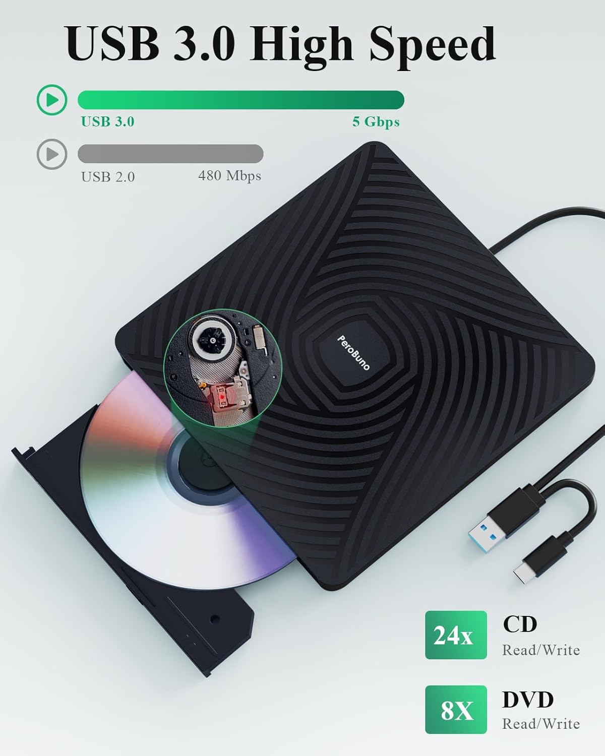 Detalle 2 de PeroBuno External CD DVD Drive 0.5-inch optical drive 📀