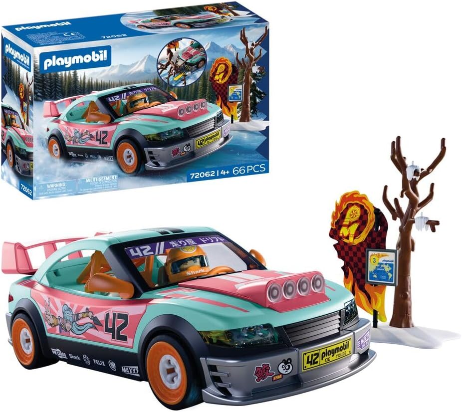 Detalle de PLAYMOBIL Cars Offroad Tuningcar 72062 – Tuning-Auto mit Rammbock, Schnee-Kulisse und Werkzeugkasten