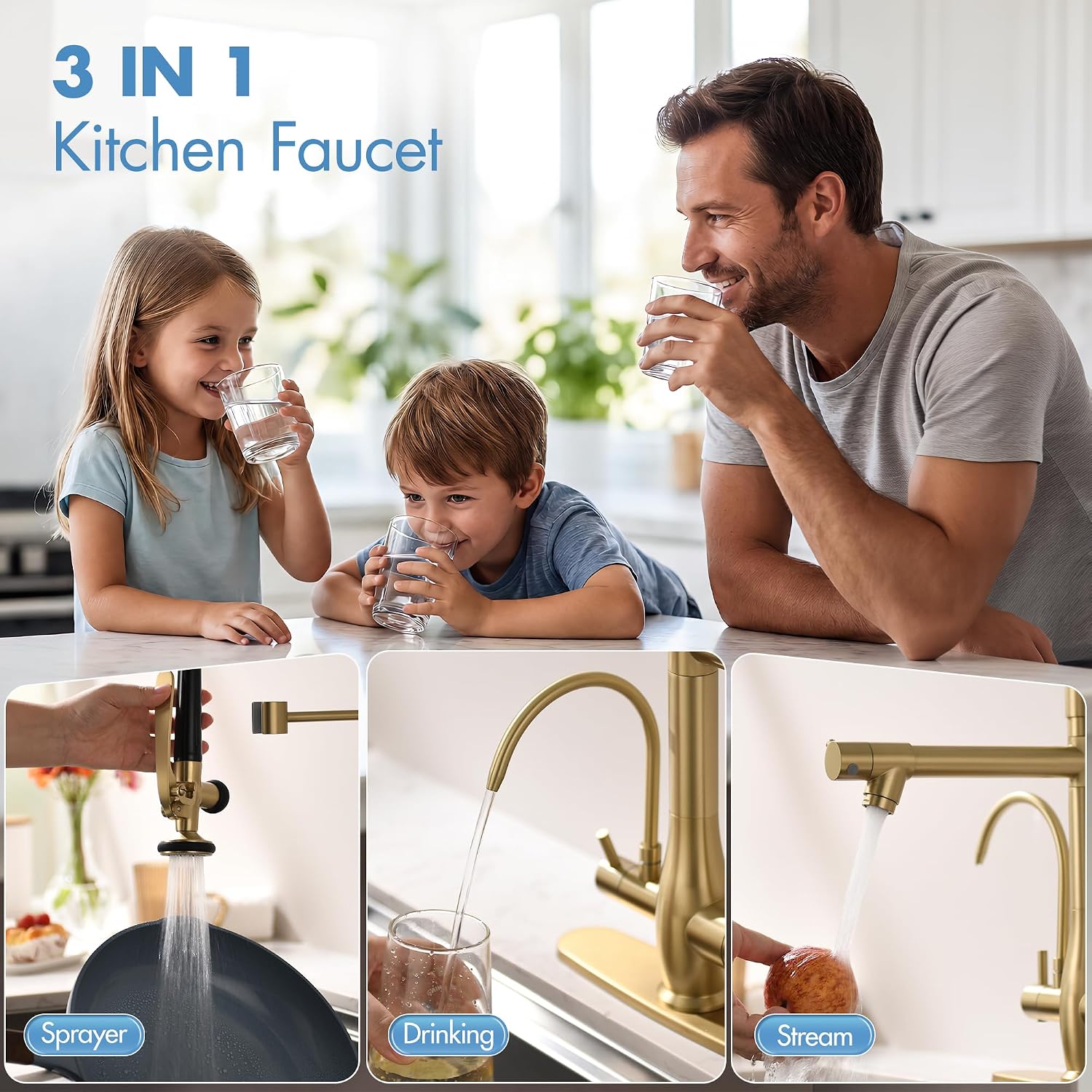 Thumbnail 3 de GIMILI GM1112G 3-in-1 Kitchen Faucet with Gold Finish and Water Filter