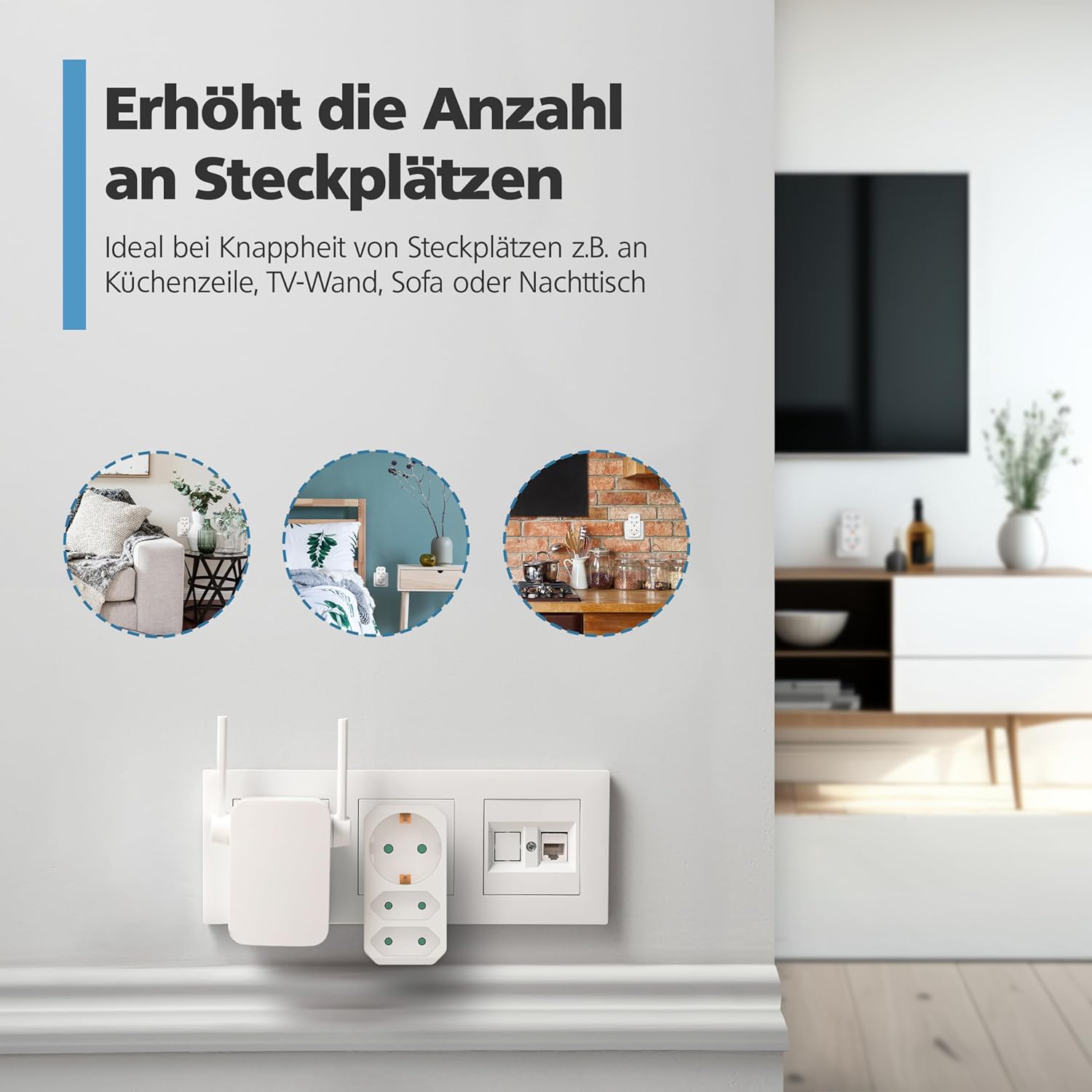 Thumbnail 5 de benon 2er-Set Mehrfachstecker weiß mit Kindersicherung – 2 Euro + 1 Schuko, bis 3 Geräte