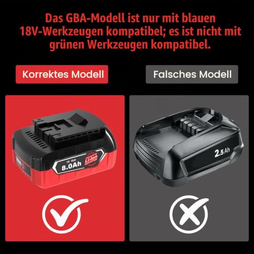 Detalle 2 de Amoresbat Ersatzakku 8,0 Ah für Bosch 18V GBA – 2er-Pack, kompatibel mit Bosch Professional 18V System