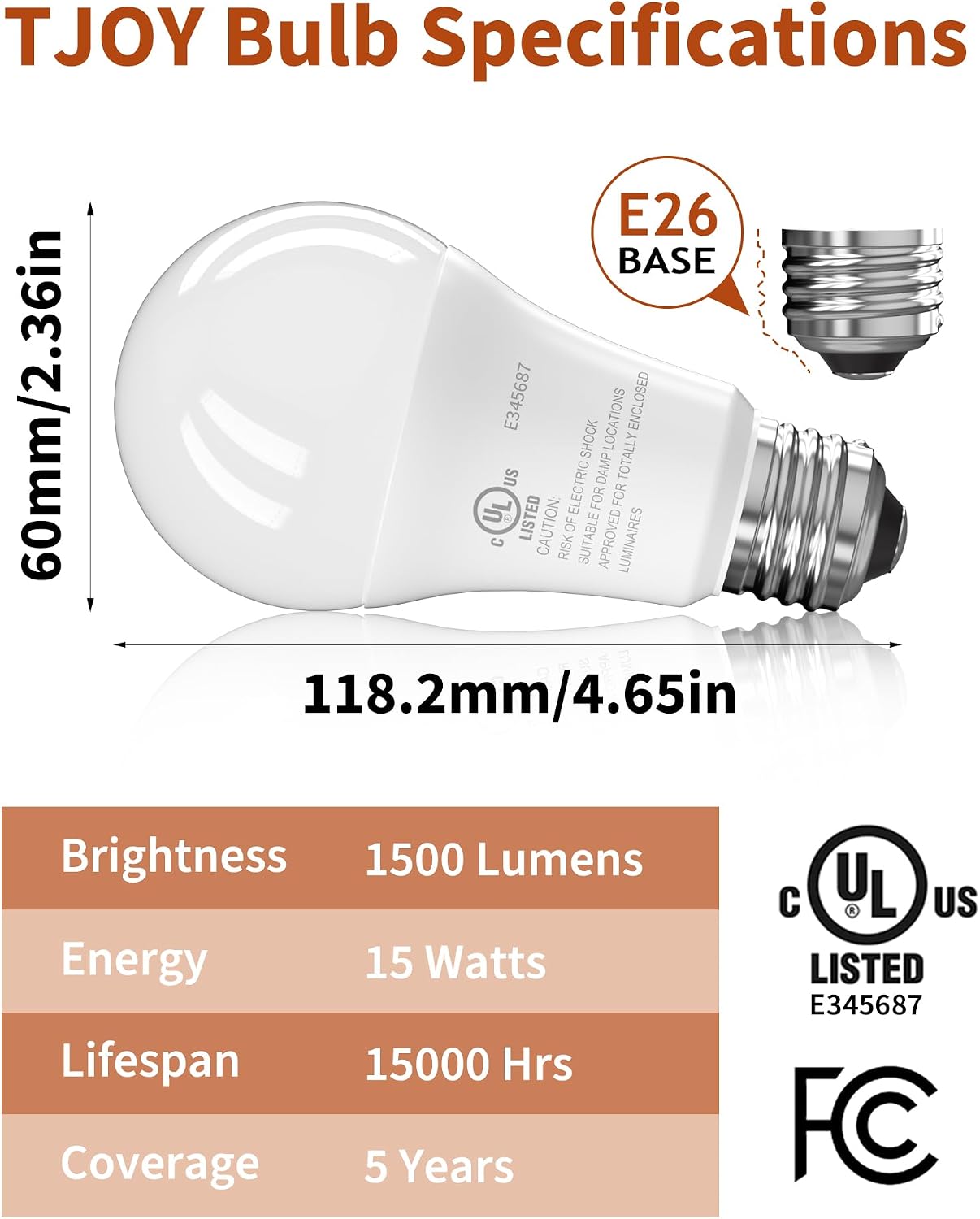 Detalle 2 de TJOY QASNB2 A19 LED Light Bulbs, 100W Equivalent, 2700K, 12-Pack