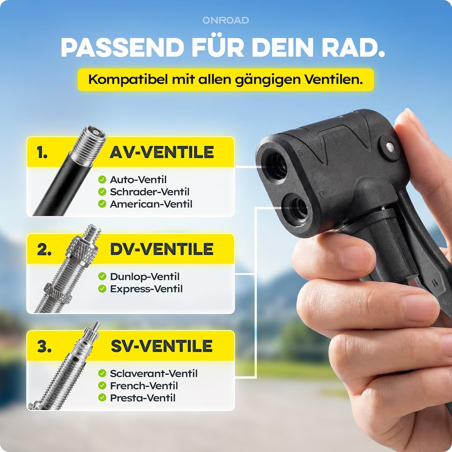 Detalle de ON‑AIR Fahrradpumpe für alle Ventile (Presta/SV, AV, DV) – Standluftpumpe mit großem Manometer, Adapter & Ballnadel