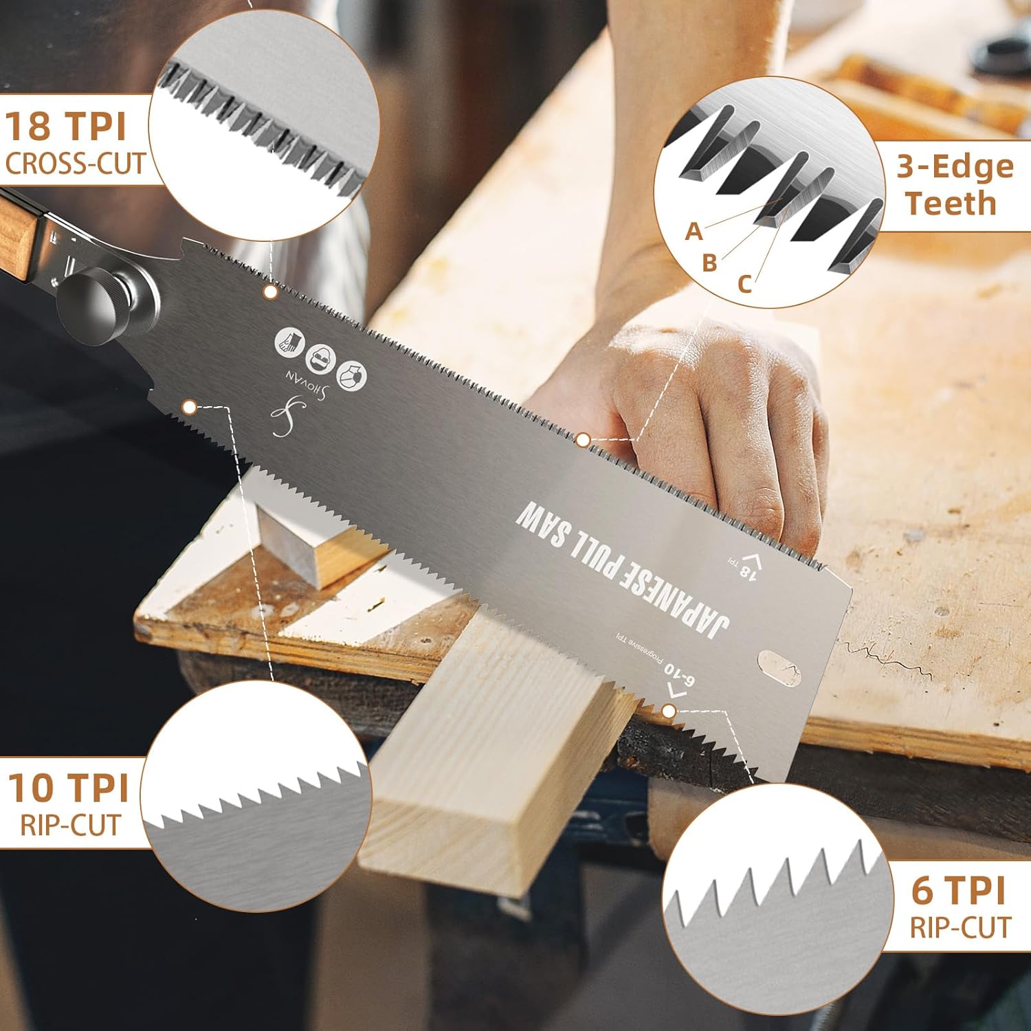 Thumbnail 3 de Profi Ryoba Japansäge – Abnehmbare Handsäge, 56,5 cm Gesamt, 23 cm Klinge, SK5 Karbonstahl, 2‑in‑1 Zähne (6‑10 TPI & 18 TPI)