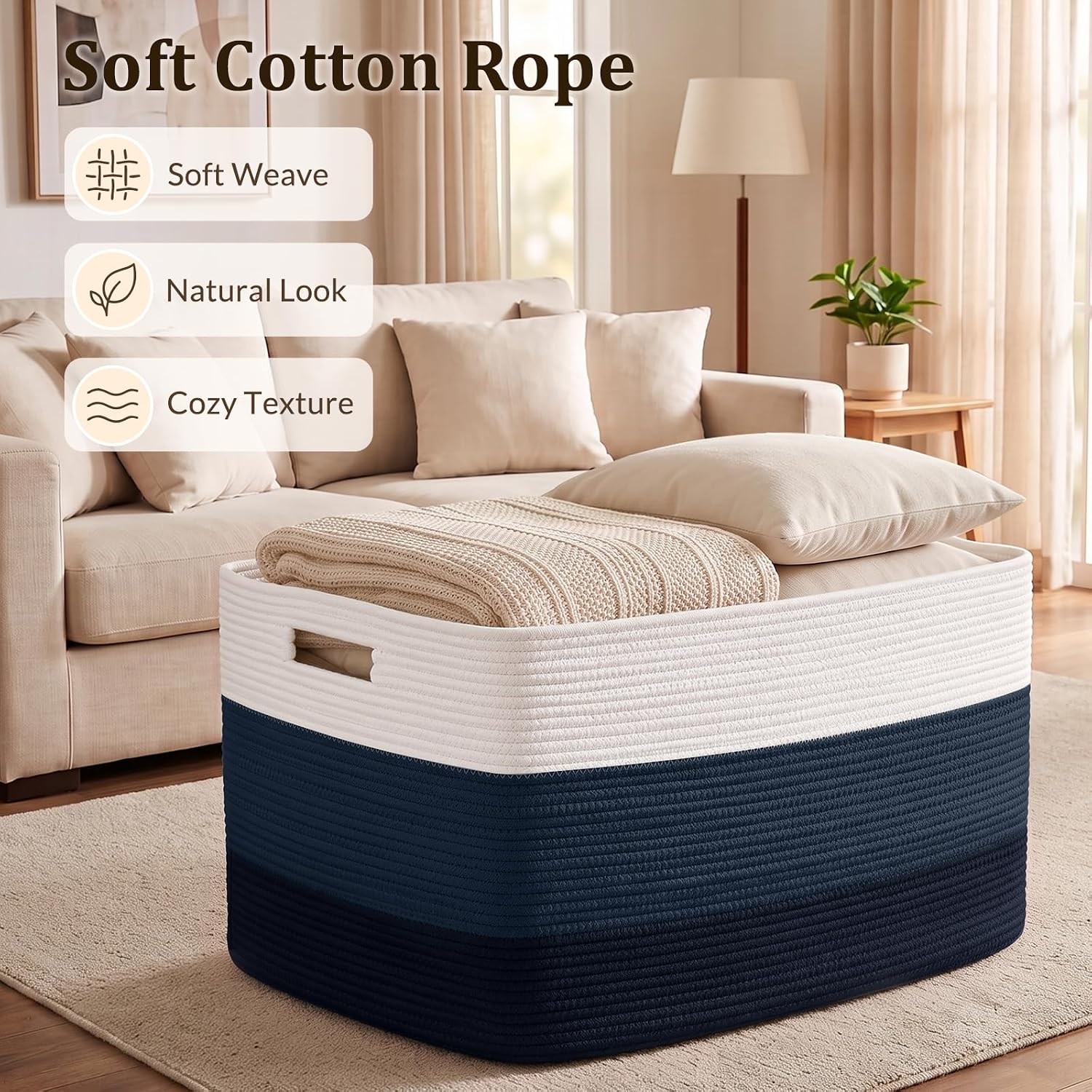 Detalle de OIAHOMY FSB-A-J-100L-04B 108L Cotton Rope Storage Basket, Gradient Blue