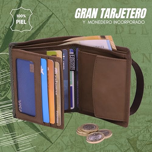 Detalle de Cartera Aladino Marrón de Coronel Tapiocca para Hombre: 6 ranuras, monedero y compartimentos