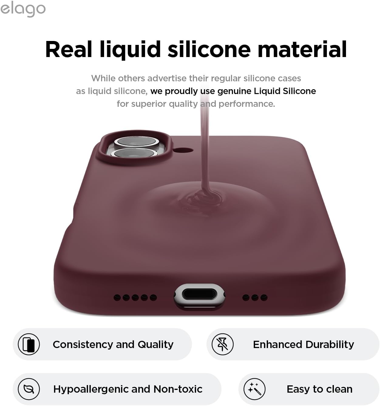 Thumbnail 2 de elago Coque Silicone Liquide Premium pour iPhone 16 – housse intégrale antichoc en silicone liquide (Bordeaux)