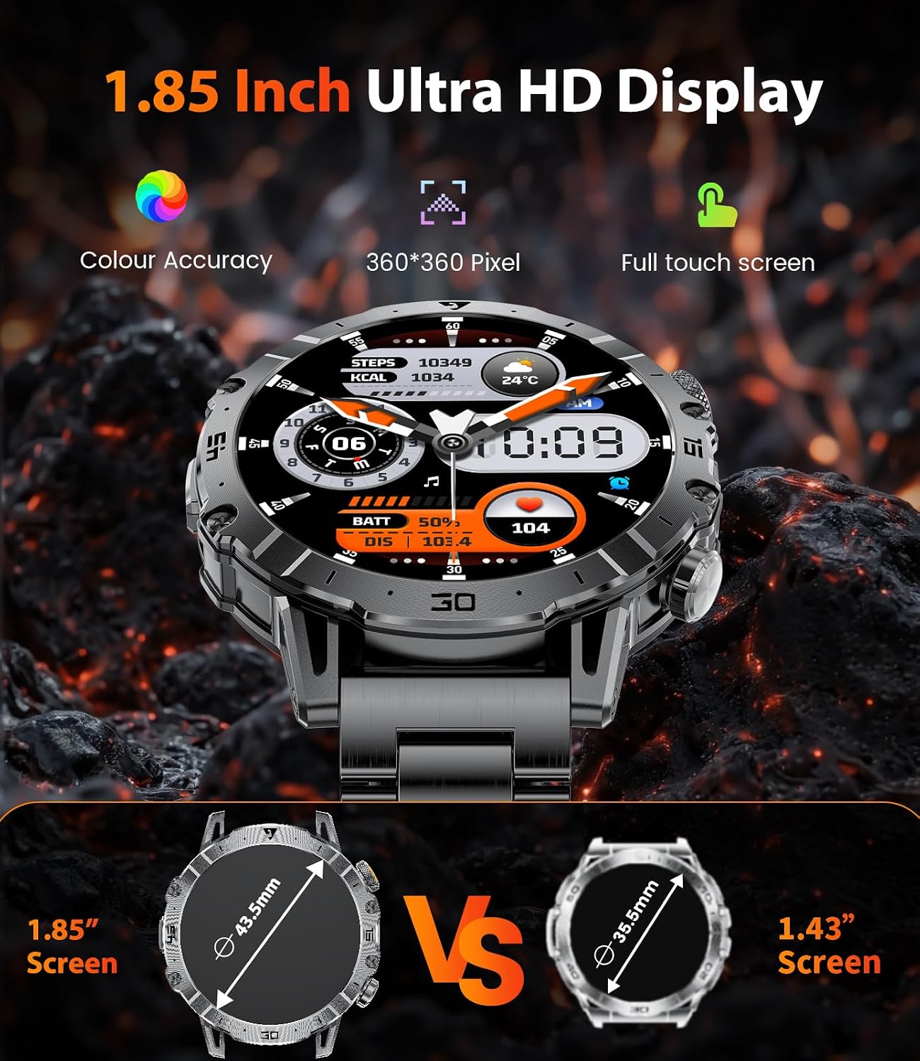 Detalle de HIRREO EF18 Military Smart Watch for Men – 1.85" HD Display, 1000mAh Battery, LED Flashlight, 8+ Sport Modes, IP68