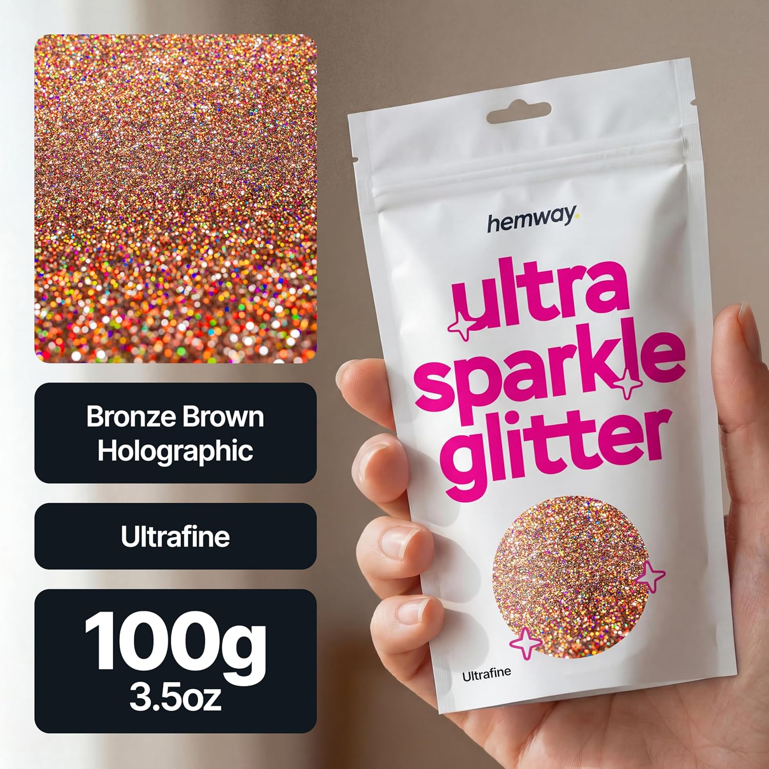 Detalle 2 de Hemway Ultra Sparkle Glitter – Bronze Brown Holographic (ultrafine, 100g) for crafts, makeup & nail art