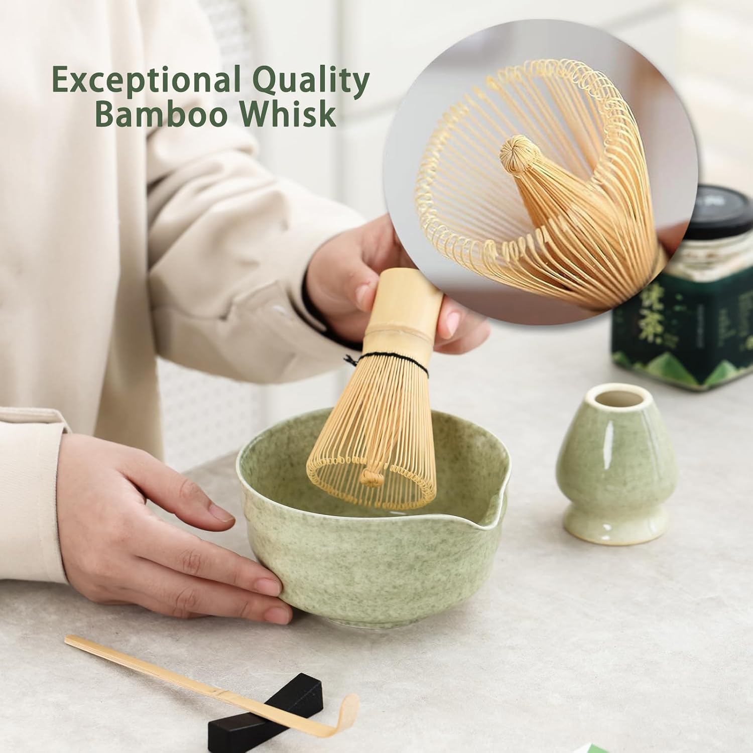 Detalle de Ochcahser Matcha Set with 17 oz Green Ceramic Bowl, Spout and Bamboo Tools