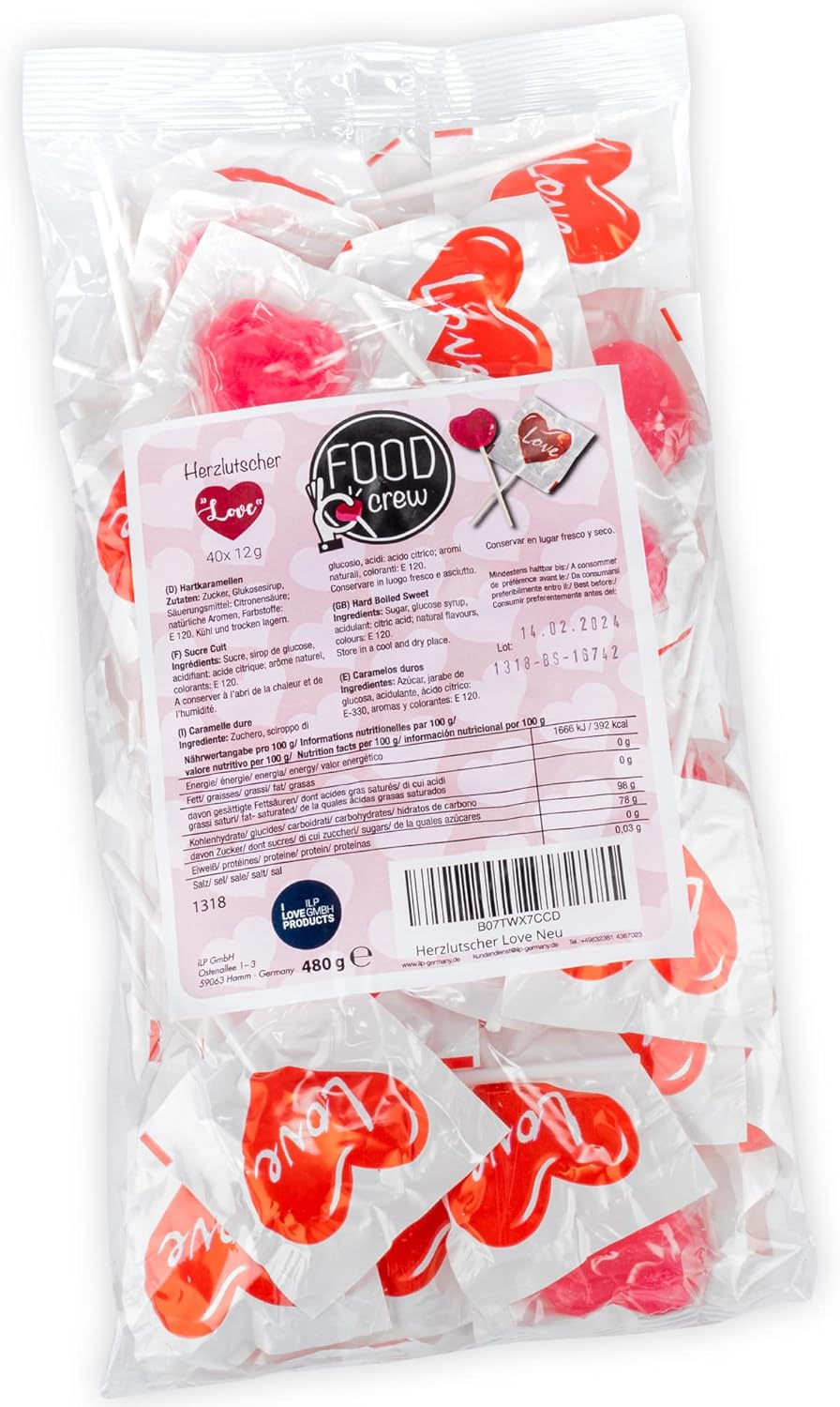 Thumbnail 1 de FOOD crew Sucette Coeur Love – 40 sucettes cœur, emballage individuel