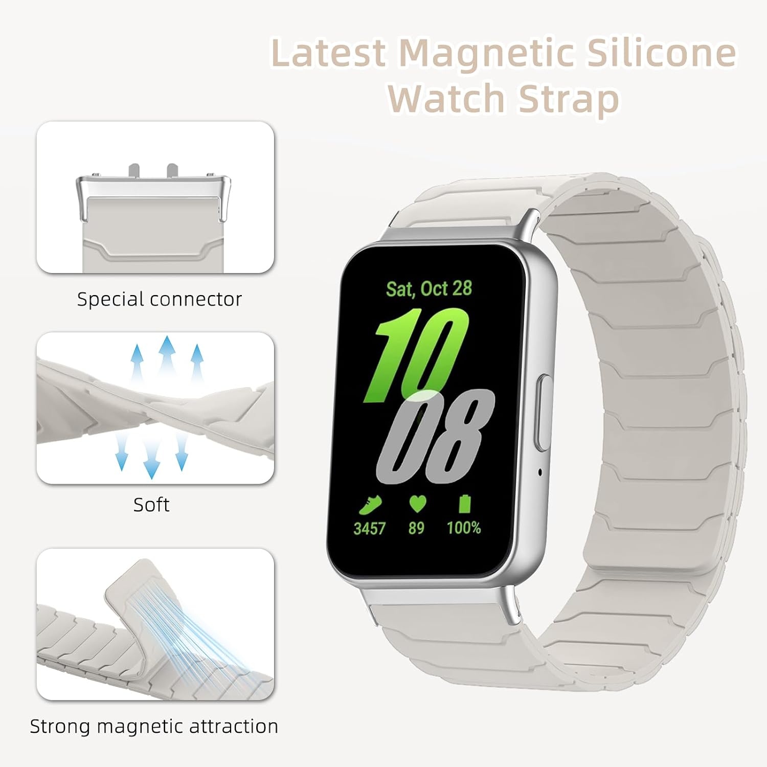 Detalle 2 de Hinnwer Magnetic Strap for Samsung Galaxy Fit 3 – Strong Silicone Dual Magnetic Sport Bands (Starlight)