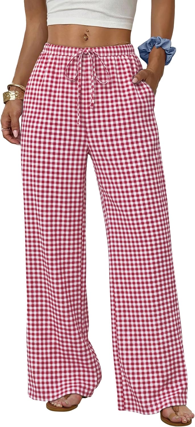 Detalle de Aokosor Wide Leg Trousers for Women – Flowy Palazzo with Pockets and Drawstring Waist