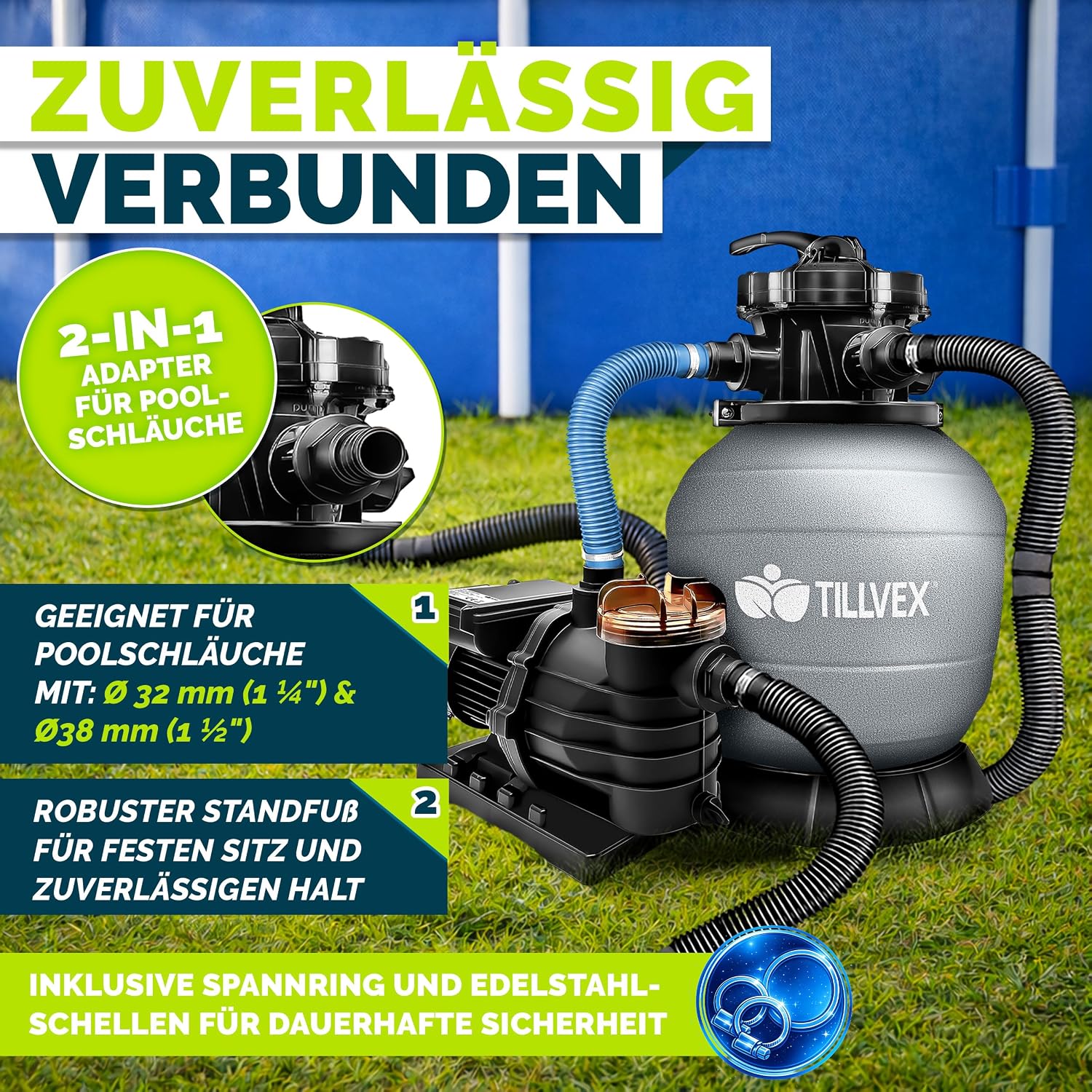 Detalle 2 de tillvex Sandfilteranlage für Pool 10 m³/h inkl. 800 g Filterbälle, 7-Wege-Ventil & Druckanzeige (Ø32/38 mm)