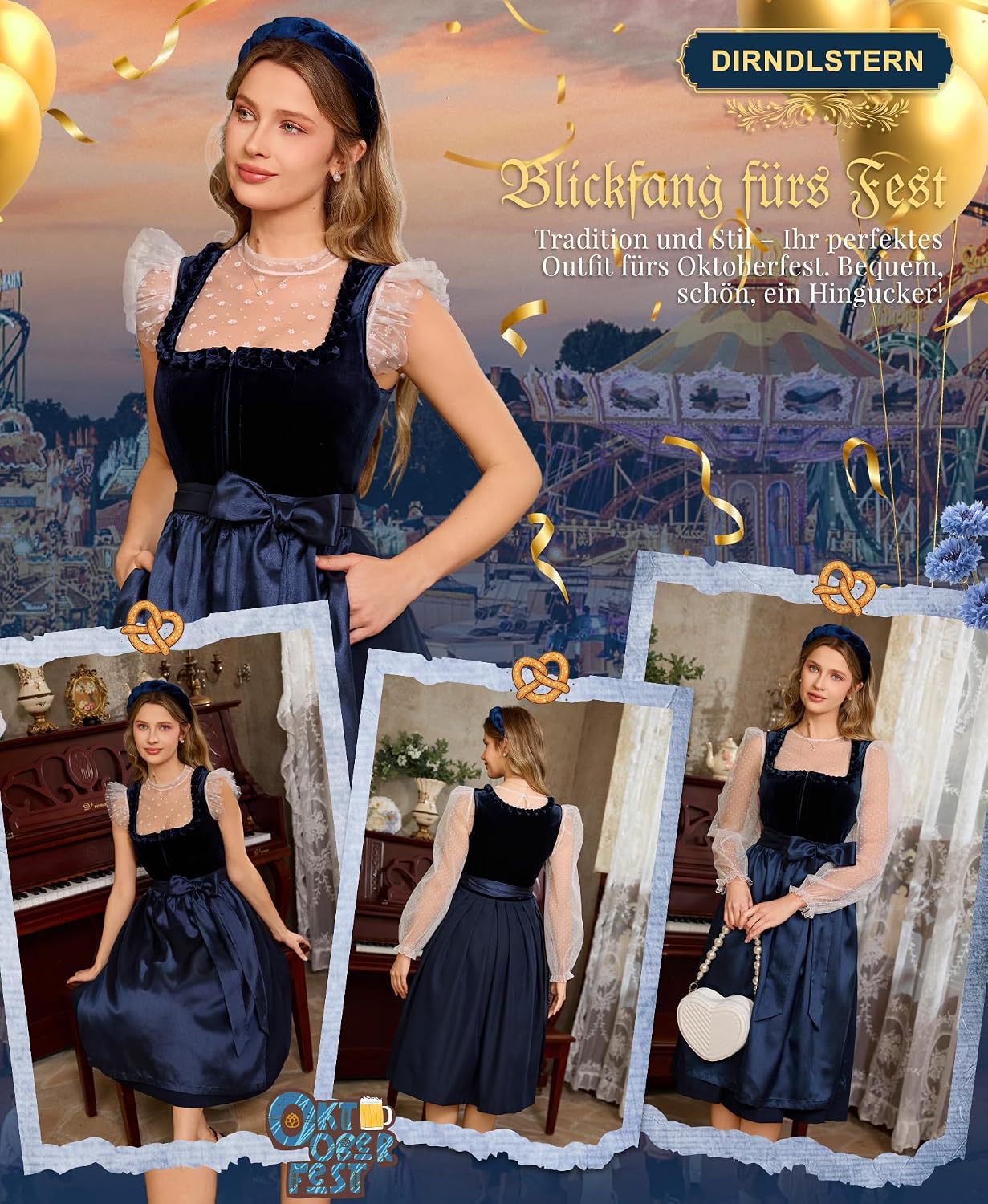 Thumbnail 3 de DIRNDLSTERN Damen Blau Samt – Dirndlkleid Midi 70 cm mit Reißverschluss